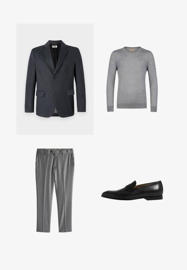 Mørkegrå blazer lavet af tekstureret stof med en nederdel, to forlommer og to knaplukninger. Fôret indre.; Grå langærmet sweater lavet af blødt stof, med rund halsudskæring og ribstrikkede ærmekanter. Enkel design uden mønstre eller detaljer.; Grå formelle bukser med bæltestropper, frontknaplukning og sidelommer, vist fladt på hvid baggrund.; Sort læderloafer med et elegant design, let spids tå og et dekorativt bånd over vamps. Glat tekstur og solid sål.