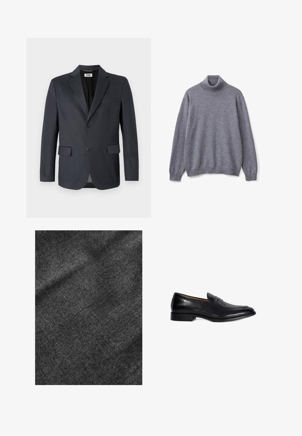 Blazer gris oscuro hecho de tejido texturizado con solapas de muesca, dos bolsillos frontales y cierre de dos botones. Interior forrado.; Suéter de cuello alto gris hecho de un suave tejido de punto; presenta un cuello y puños acanalados, mangas largas y un corte relajado.; Tejido negro texturizado con una superficie suave y ligeramente brillante, que muestra un sutil patrón de tejido y un caída suave.; Mocasín de cuero negro con acabado liso, puntera redondeada y costuras decorativas. Cuenta con un tacón bajo y plano para mayor comodidad.