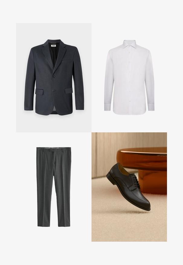 Dunkelgrauer Blazer aus strukturiertem Stoff mit einem Reverskragen, zwei vorderen Taschen und einer ebenfalls zweiknöpfigen Verschluss. Gefüttertes Innere.; Weißes Langarm-Hemd aus glattem Stoff. Mit klassischem Kragen, durchgehendem Knopfverschluss und geknöpften Manschetten. Keine Muster oder Verzierungen.; Grauengedeckte Anzughose aus strukturiertem Stoff, mit geradem Bein, Gürtelschlaufen, Knopfverschluss und zwei seitlichen Taschen.; Schwarzer Lederschnürschuh, der über einem beigen Teppich schwebt, mit einem runden orangefarbenen Tisch im Hintergrund.