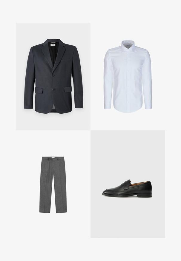 Blazer gris foncé en tissu texturé avec un col cranté, deux poches avant et une fermeture à deux boutons. Doublure intérieure.; Chemise blanche à manches longues avec col pointu et fermeture par boutons sur le devant, présentée sur un fond uni.; Pantalons en mélange de laine gris avec une coupe droite, dotés d'une fermeture à bouton et d'un pli soigné sur le devant. Texture lisse.; Mocassin en cuir noir avec un bout arrondi, des coutures subtiles et un talon bas, présentant une texture lisse et un design minimaliste.