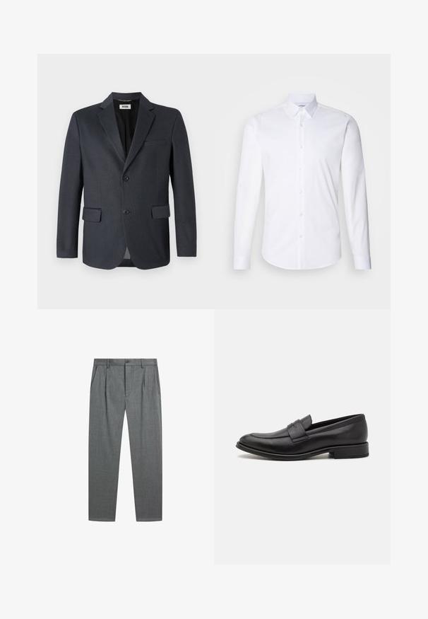 Donkergrijze blazer van gestructureerde stof met een geknipt revers, twee voorzakken en sluiting met twee knopen. Gevoerde binnenkant.; Witte lange mouwen knoopshirt gemaakt van gladde katoenstof, met een klassieke kraag, knoopsluiting en een gebogen zoom.; Grijze formele broek met plooien aan de voorkant, zijzakken, riemlussen en een knoopsluiting in de taille tegen een witte achtergrond.; Zwarte leren loafers met een gladde afwerking, een decoratieve band over de bovenkant, een ronde neus en een lage gestapelde hak.