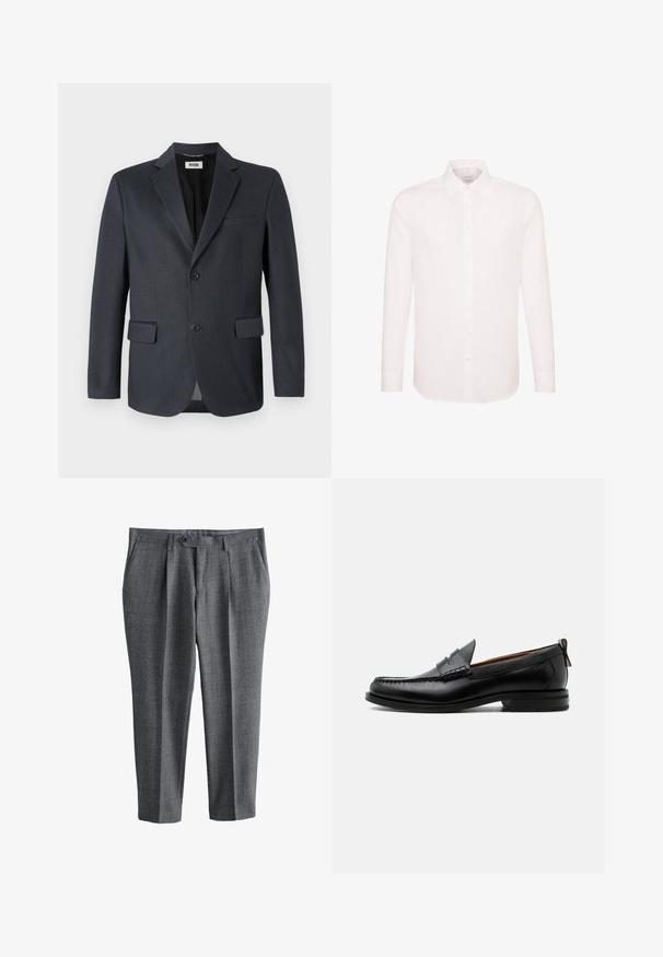 Mørkegrå blazer lavet af tekstureret stof med en nederdel, to forlommer og to knaplukninger. Fôret indre.; Hvid skjorte med lange ærmer, knapper foran og klassisk krave, vist på ensartet hvid baggrund.; Grå skræddersyede herrebukser med frontknap og lynlås, sidelommer og lige ben pasform.; Sort læder herre loafer med moc-tå syning, penny strop, struktureret krave og lav stablet hæl på hvid baggrund.