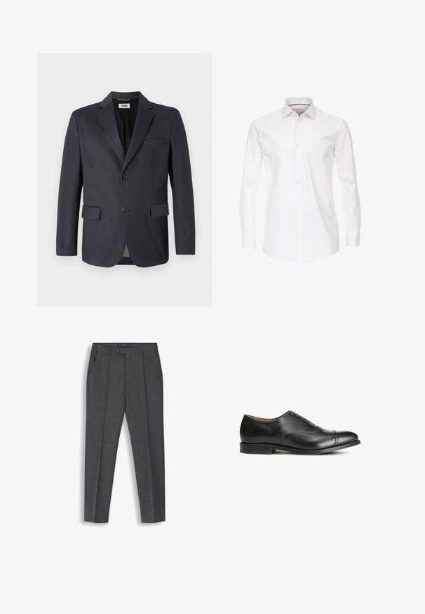 Donkergrijze blazer van gestructureerde stof met een geknipt revers, twee voorzakken en sluiting met twee knopen. Gevoerde binnenkant.; VENTI MODERN FIT - Overhemd - weiß; Donkergrijze, op maat gemaakte herenbroek met voorplooien, riemlussen, zijzakken en een knoopsluiting in de taille.; Zwarte leren dresschoenen met een gladde afwerking, ronde neus, vijf oogjes voor veters en een lage gestapelde hak. Bevat subtiele stikdetails.