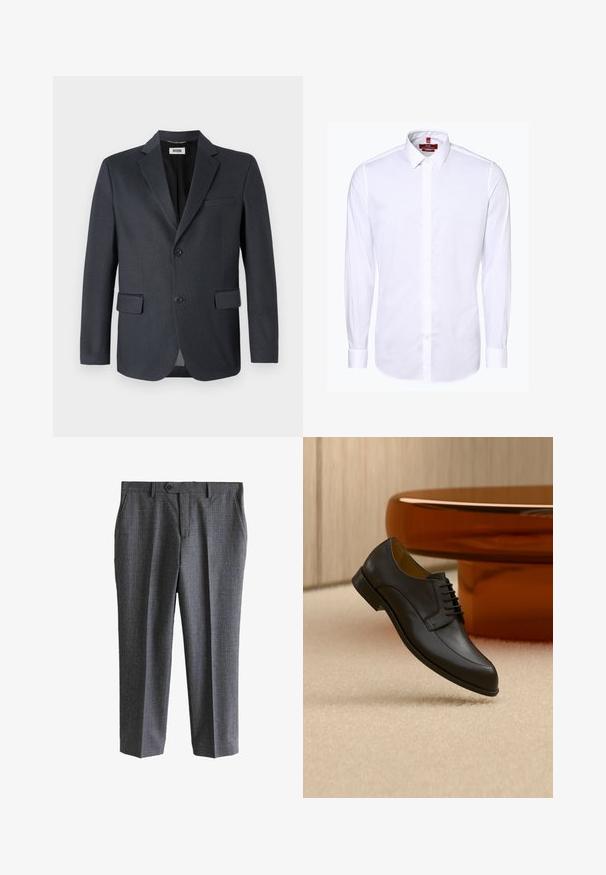 Donkergrijze blazer van gestructureerde stof met een geknipt revers, twee voorzakken en sluiting met twee knopen. Gevoerde binnenkant.; FINSHLEY & HARDING LONDON Zakelijk overhemd - white; Grijze pantalon met subtiel ruitmotief, knoop aan de voorkant, ritssluiting, riemlussen en zijzakken.; Zwarte leren veterschoen zwevend boven een beige tapijt, met een ronde oranje tafel op de achtergrond.