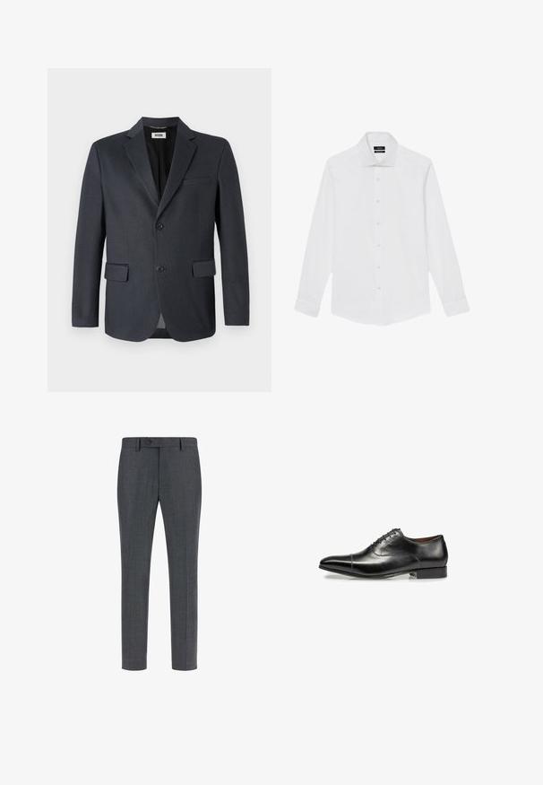 Donkergrijze blazer van gestructureerde stof met een geknipt revers, twee voorzakken en sluiting met twee knopen. Gevoerde binnenkant.; Witte lange mouwen herenoverhemd met klassieke kraag en knoopsluiting aan de voorkant, plat uitgespreid tegen een witte achtergrond.; Donkergrijze gep tailored broeken van een gestructureerde wolmix, met een vlakke voorkant, zijzakken en een sluiting met één knoop. Slim fit ontwerp.; Zwarte leren formele schoen met een slanke, puntige neus, zes gaatjes voor de vetersluiting en een lage hak. Glad oppervlak met minimale stiksels.