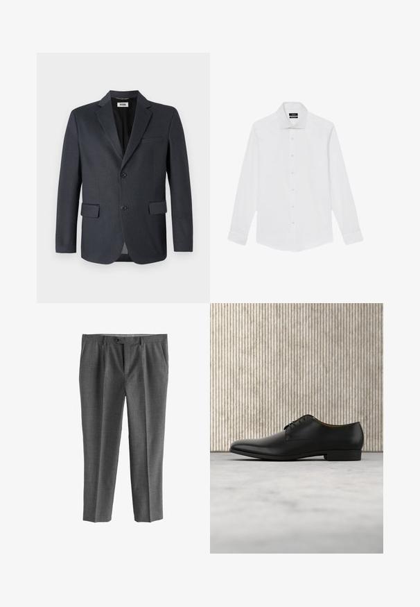 Mørkegrå blazer lavet af tekstureret stof med en nederdel, to forlommer og to knaplukninger. Fôret indre.; Hvid langærmet herreskjorte med klassisk krave og knaplukning foran, vist fladt mod en hvid baggrund.; Grå bukser lavet af tekstureret stof, med lige ben, forlommer og knaplukning.; Sorte læderdress sko med en glat finish, rund tå, lav hæl og snørelukning. Har minimalistiske detaljer for et elegant udseende.