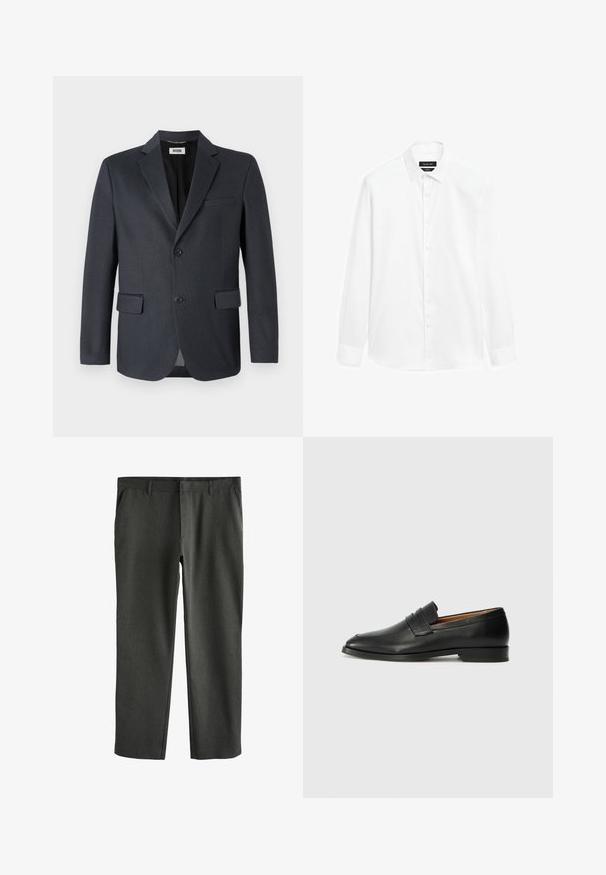 Donkergrijze blazer van gestructureerde stof met een geknipt revers, twee voorzakken en sluiting met twee knopen. Gevoerde binnenkant.; Witte overhemd met een button-down kraag, lange mouwen en een knoopsluiting aan de voorkant. De stof lijkt soepel met een lichte glans.; Charcoalgrijze broek van een gestructureerde stof, met rechte pijpen, standaardzakken en een vlakke voorkant. Geen zichtbare branding of accenten.; Zwarte leren instapper met een ronde neus, subtiele stikdetails en een lage hak, met een gladde textuur en een minimalistisch ontwerp.