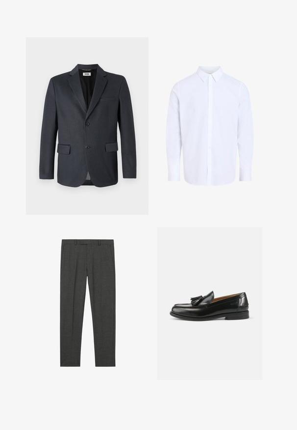 Dunkelgrauer Blazer aus strukturiertem Stoff mit einem Reverskragen, zwei vorderen Taschen und einer ebenfalls zweiknöpfigen Verschluss. Gefüttertes Innere.; Weißes Hemd mit langen Ärmeln und klassischem Kragen, aus glattem Stoff gefertigt, mit durchgehendem Knopfleistenverschluss und abgerundetem Saum.; Dunkelgraue, maßgeschneiderte Anzughose mit Gürtelschlaufen, Vordertaschen und schmalem, geradem Schnitt, flach auf weißem Hintergrund dargestellt.; Schwarze Leder Slipper mit einem Quastenakzent, runder Spitze und glatter Oberfläche. Die Sohle ist flach mit minimalem Profil.