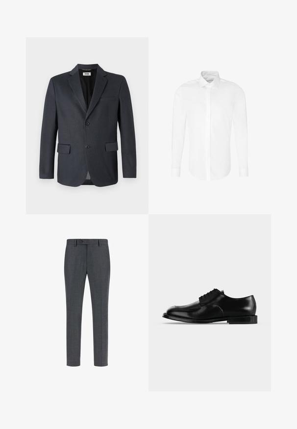 Blazer gris foncé en tissu texturé avec un col cranté, deux poches avant et une fermeture à deux boutons. Doublure intérieure.; Chemise blanche à manches longues pour homme, col pointu et patte de boutonnage cachée, présentée sur un fond uni.; Pantalons ajustés gris foncé en laine mélangée texturée, avec une taille plate, des poches latérales et une fermeture à bouton unique. Design slim fit.; Chaussure de ville pour homme en cuir noir avec lacets, finition lisse et talon bas, vue de profil sur un fond clair uni.