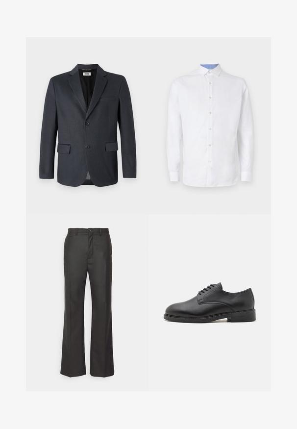Donkergrijze blazer van gestructureerde stof met een geknipt revers, twee voorzakken en sluiting met twee knopen. Gevoerde binnenkant.; Witte blouse met lange mouwen en knoopsluiting, voorzien van een lichtblauw geruit patroon aan de binnenkant van de kraag en manchetten. Glad textuur van de stof.; forét Broek - dark grey; Zwarte lederen oxford schoen met een ronde neus, voorzien van een gladde afwerking, vijf-oog veter sluiting en een lage gestapelde hak.