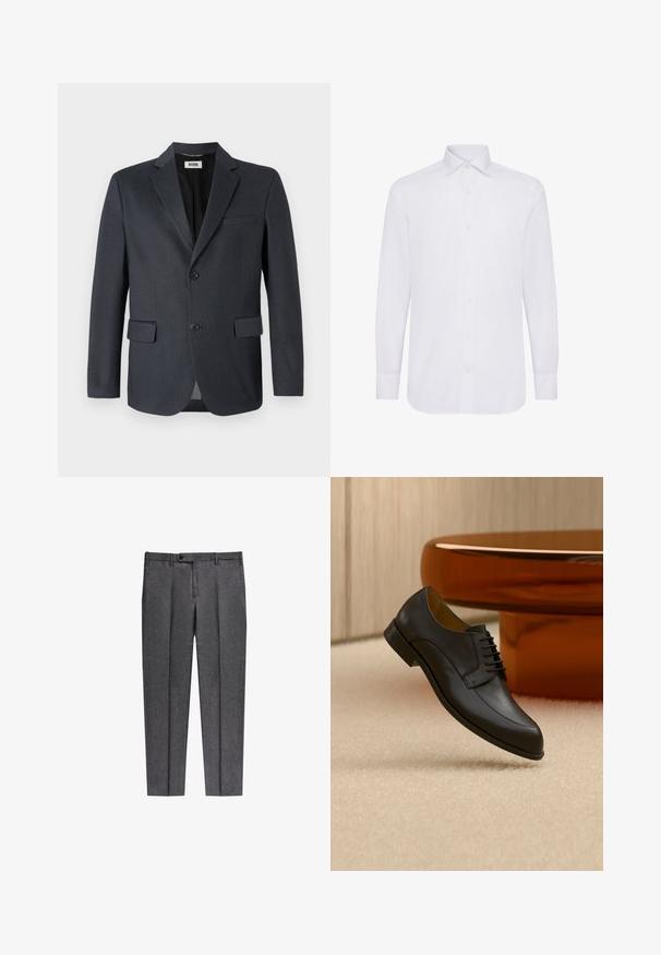 Dunkelgrauer Blazer aus strukturiertem Stoff mit einem Reverskragen, zwei vorderen Taschen und einer ebenfalls zweiknöpfigen Verschluss. Gefüttertes Innere.; Weißes Langarmhemd mit klassischem Kragen, Knopf-Leiste und geradem Saum. Hergestellt aus glattem Baumwollstoff.; Graue, maßgeschneiderte Hosen aus einem strukturierten Stoff, mit Knopfverschluss, vorderen Falten und geraden Beinen.; Schwarzer Lederschnürschuh, der über einem beigen Teppich schwebt, mit einem runden orangefarbenen Tisch im Hintergrund.