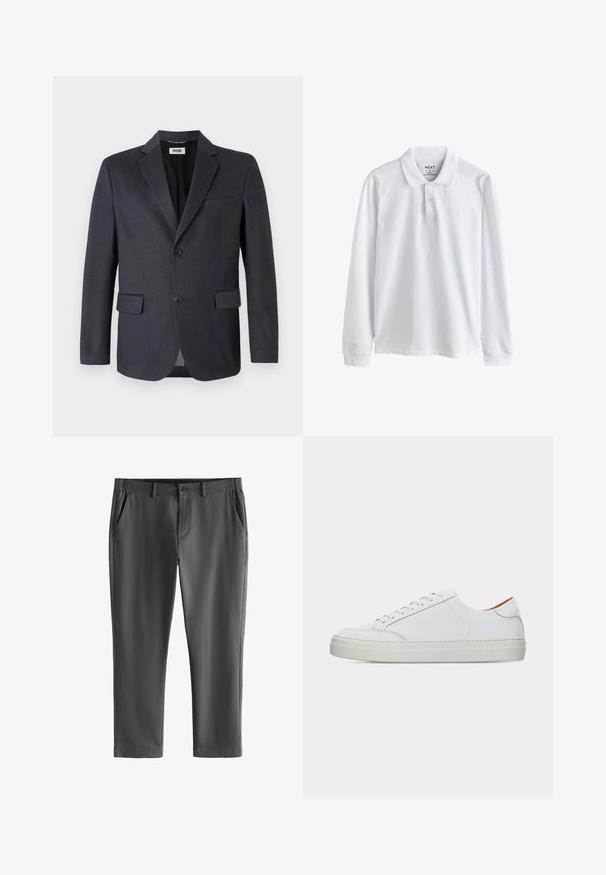 Dunkelgrauer Blazer aus strukturiertem Stoff mit einem Reverskragen, zwei vorderen Taschen und einer ebenfalls zweiknöpfigen Verschluss. Gefüttertes Innere.; Weißes langärmliges Slim-Fit-Polohemd mit Kragen und Zwei-Knopf-Leiste, Größe M, hergestellt in Bangladesch von der Marke NEXT.; Dunkelgraue, maßgeschneiderte Hose mit Gürtelschlaufen, vorderem Knopf- und Reißverschluss sowie schrägen Seitentaschen, dargestellt vor weißem Hintergrund.; Weißer Leder-Sneaker in niedriger Ausführung mit Schnürung vorne, dicker Sohle und minimalen Nahtdetails vor einem schlichten hellen Hintergrund.