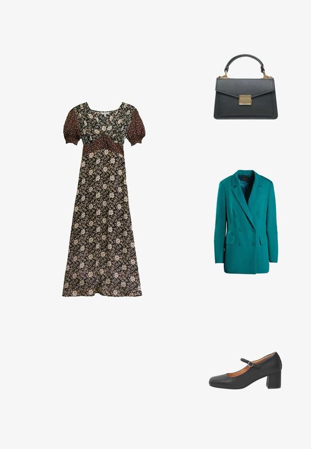 Türkiser doppelt geknöpfter Blazer aus glattem Stoff. Mit Reverskragen, zwei vorderen Taschen und runden Knöpfen.; Braunes florales Maxikleid mit kurzen Puffärmeln mit weißen Punkten, V-Ausschnitt und tailliertem Bund.; Schwarzer Mary-Jane-Schuh aus Leder mit abgerundeter Spitze, einem Riemen mit rundem Metallverschluss und einem klobigen Absatz. Glatte Textur.; Schwarze, strukturierte Lederhandtasche mit kurzem Griff und rechteckigem goldfarbenem Verschluss an der vorderen Klappe.