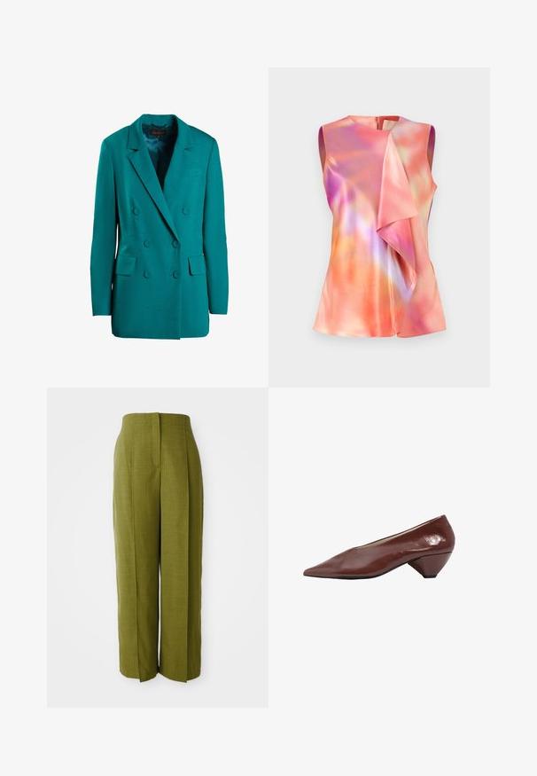 Türkiser doppelt geknöpfter Blazer aus glattem Stoff. Mit Reverskragen, zwei vorderen Taschen und runden Knöpfen.; Ärmelloses Oberteil aus Satin, ausgestattet mit einem bunten abstrakten Muster in Rosa-, Orange- und Violetttönen, mit einem drapierten Vorderdesign.; Theory Stoffhose - avocado; Brauner Damenschuh aus Lackleder mit niedrigem Absatz, spitz zulaufender Spitze und kegelförmigem Absatz, seitlich auf weißem Hintergrund gezeigt.