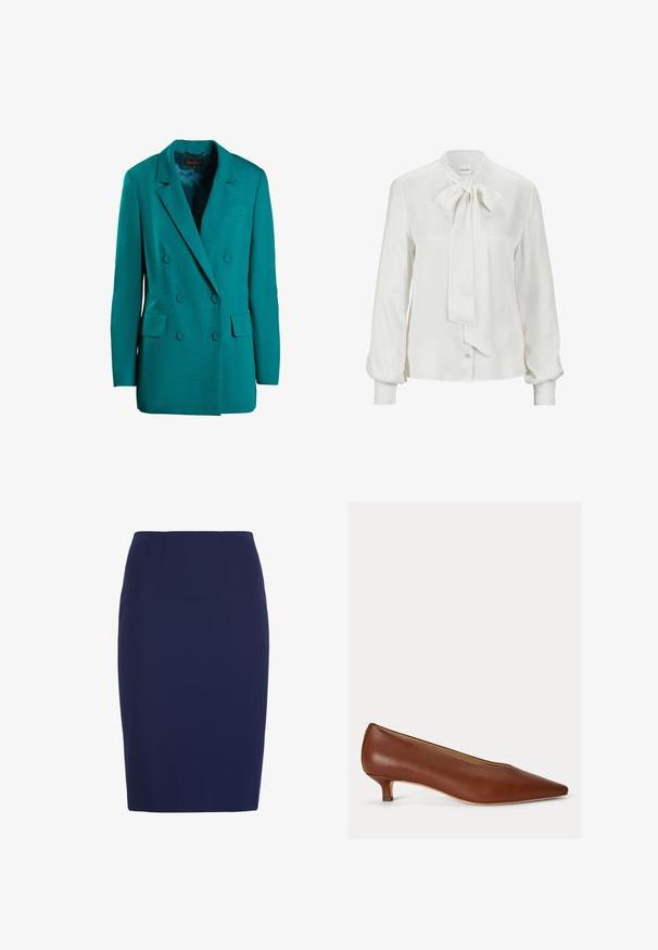 Teal dubbelzijdig blazer gemaakt van gladde stof. Bevat inkepingen, twee voorzakken en ronde knopen.; Witte blouse van gladde stof, met een strik aan de kraag, lange pofmouwen en een knoopsluiting aan de voorkant.; Marineblauwe kokerrok tot op de knie met een getailleerde taille en subtiele verticale naaddetails.; Bruine leren schoen met puntige neus, lage kittenhak, gladde afwerking en smalle hak op een witte achtergrond.