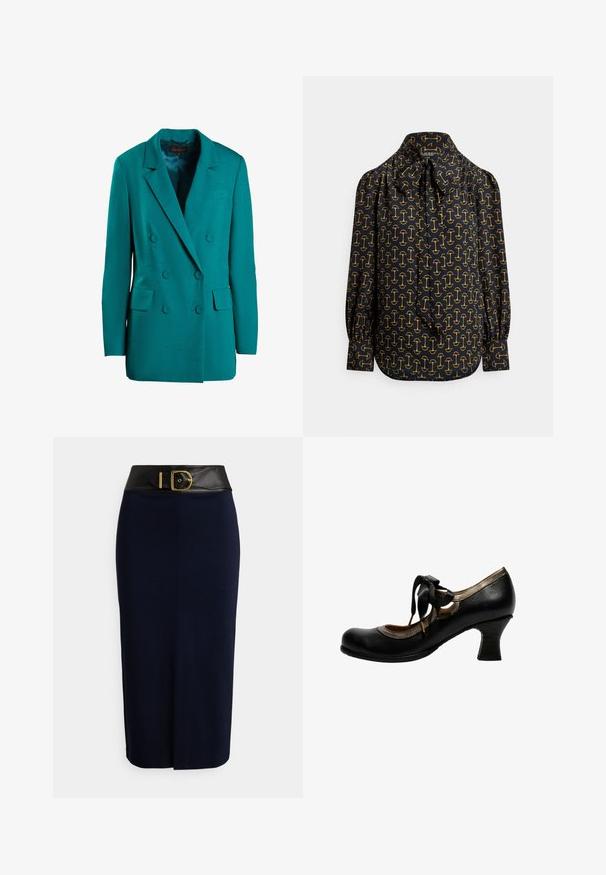 Türkiser doppelt geknöpfter Blazer aus glattem Stoff. Mit Reverskragen, zwei vorderen Taschen und runden Knöpfen.; Schwarze Bluse mit einem zarten Schleifenkragen. Verfügt über ein durchgängiges goldenes Grafikmuster, geraffte Ärmel und eine maßgeschneiderte Passform.; Marineblauer Bleistiftrock mit einem breiten schwarzen Bund und einer großen goldenen Schnalle, ausgestattet mit einer vorderen Naht und einem dezenten Schlitz vorne.; Schwarzer Leder-Mid-Heel-Schuh mit metallischer Verzierung, rundem Zehenbereich und schwarzer Schnürung aus Band, die seitlich zu einer Schleife gebunden ist.