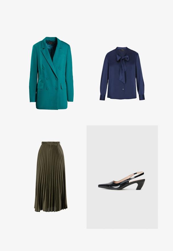 Teal dubbelzijdig blazer gemaakt van gladde stof. Bevat inkepingen, twee voorzakken en ronde knopen.; Diepblauwe zijden blouse met een strikje bij de kraag, lange mouwen, knoopsluiting aan de voorkant en een gladde textuur. Eenvoudig ontwerp zonder patronen.; Plissé midi-jurk in olijfgroen, gemaakt van zachte, lichte stof met een elastische tailleband voor comfort.; Zwarte gepatineerde leren slingback schoenen met een spitse neus, lage blokhak en uitsnijdingen aan de zijkanten. Gladde textuur en eenvoudige lijnen.
