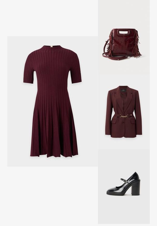 Bordeaux blazer met een getailleerd ontwerp, twee voorkruimelzakken, een enkele knoopsluiting en een gouden kettingriemaccent. Geschikt voor formele gelegenheden.; Bordeauxrode jurk tot op de knie met korte mouwen, verticaal geribbeld breipatroon en een hoge halslijn tegen een effen achtergrond.; Zwarte lakleren hoge hak schoen met een ronde neus, enkelband, zilveren gesp detail en een stevige blokhak.; Vierkante bordeaux leren handtas met uitgesneden handvat, zijfranjes en een verstelbare schouderriem op een effen achtergrond.