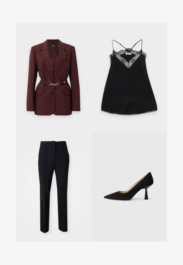 Bordeaux blazer met een getailleerd ontwerp, twee voorkruimelzakken, een enkele knoopsluiting en een gouden kettingriemaccent. Geschikt voor formele gelegenheden.; Zwarte camisole met verstelbare bandjes, met een kanten V-hals en golvende randen. Gladde stof met een lichte glans.; Zwarte op maat gemaakte broeken met een rechte pijpdesign, gemaakt van een gladde stof, met een platte voorkant en zijzakken voor functionaliteit.; Zwarte suède high-heeled pump met een spitse neus, voorzien van een glanzende zwarte blokhak en een gladde binnenvoering.