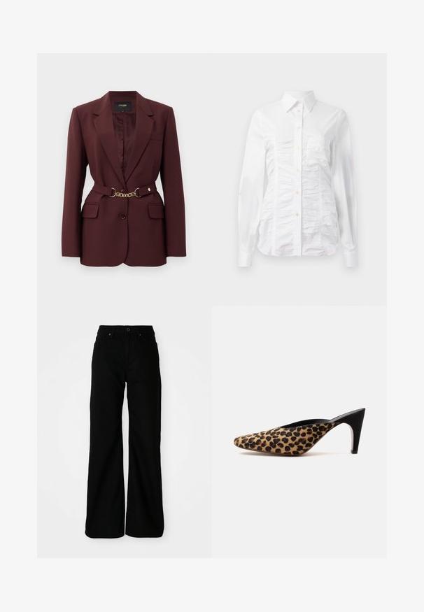 Bordeaux blazer met een getailleerd ontwerp, twee voorkruimelzakken, een enkele knoopsluiting en een gouden kettingriemaccent. Geschikt voor formele gelegenheden.; Witte button-up blouse met lange mouwen, voorzien van een gerimpelde textuur aan de voorkant, kleine gouden knopen en een standaard kraag.; Zwarte wijde denim broek. Bevat een aansluitende taille, voorzakken en een knoopsluiting. Glad textuur met minimale details.; Puntschoen muilezool met luipaardprint bovenwerk en zwarte middelhoog stilettohak op een effen witte achtergrond.