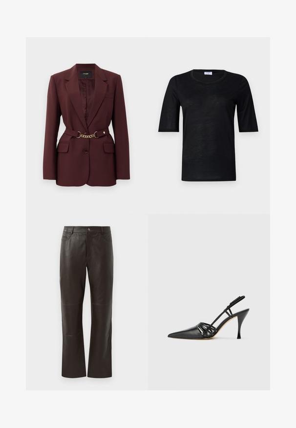 Bordeaux blazer med en tætsiddende pasform, to forlommer, en enkelt knaplukning og et guld kæde-bælte som accent. Velegnet til formelle sammenhænge.; Sort kortærmet T-shirt lavet af letvægtsstof med rund halsudskæring, der har en glat tekstur og en afslappet pasform.; Brune læderbukser med lige ben-design, der har to forlommer og knaplukning. Glat tekstur med en subtil glans.; Sort læder højhælede slingback-sko med spids tå, crisscross-remdesign og slank stiletto-hæl. Glat tekstur og minimale accenter.