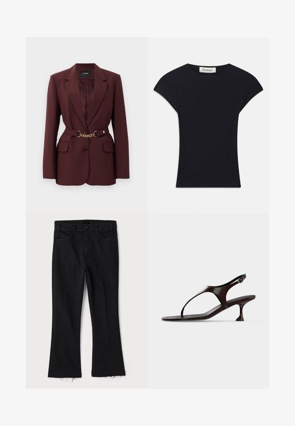 Bordeaux blazer met een getailleerd ontwerp, twee voorkruimelzakken, een enkele knoopsluiting en een gouden kettingriemaccent. Geschikt voor formele gelegenheden.; Zwarte korte mouwen top van zacht stof, met een ronde halslijn en een aansluitende vorm met subtiele schouderaccenten. Etiket zichtbaar.; Mother LIL HUSTLER FRAY - Bootcut jeans - black denim; Donkerbruine lakleren slingbacksandaal met kittenheel en teenbandje op witte achtergrond.