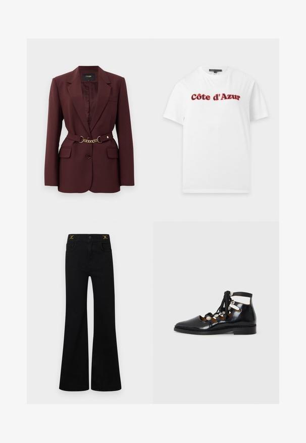 Bordeaux blazer med en tætsiddende pasform, to forlommer, en enkelt knaplukning og et guld kæde-bælte som accent. Velegnet til formelle sammenhænge.; Hvid T-shirt med korte ærmer med teksten "Côte d'Azur" i rød og sort fed skrift tværs over brystet, vist på en ensfarvet baggrund.; Sorte viddejeans med høj talje, fem lommer, guldfarvede detaljer og blød denimbeklædning.; Sorte patentlæder ankelstøvler med udskæringer, snørebåndsdesign og dekorative metal detaljer. Rondet tå og lav, stabil hæl.