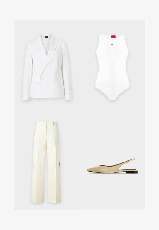 Veste blanche croisée à doubles boutons avec revers à pointe, quatre boutons sur le devant, poches à rabat et une poche poitrine passepoilée, présentée sur fond uni.; Body blanc sans manches, ajusté, avec encolure ronde et petit logo noir "HUGO" sur la poitrine, étiquette de marque rouge à l'intérieur du col.; Pantalons cargo à jambes larges en tissu crème clair, dotés de poches à rabat, d'une taille haute et de fentes latérales pour un détail et une fonctionnalité supplémentaires.; Chaussure plate beige à bout pointu avec bride arrière, petit talon noir et finition en cuir lisse, vue de côté sur un fond uni.