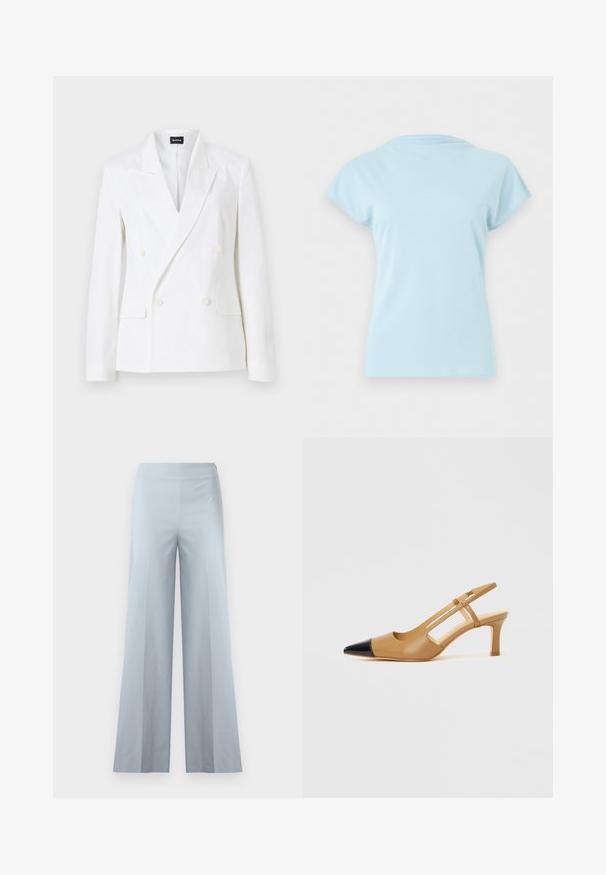 Veste blanche croisée à doubles boutons avec revers à pointe, quatre boutons sur le devant, poches à rabat et une poche poitrine passepoilée, présentée sur fond uni.; T-shirt bleu clair à manches courtes et col rond, présenté à plat sans logos ni motifs visibles sur un fond blanc uni.; Pantalon large bleu clair à taille haute, en tissu lisse et uni, présenté sur un fond blanc uni.; Escarpins slingback couleur fauve avec embout pointu noir, côtés découpés et talon bloc de hauteur moyenne. Matière en cuir lisse.