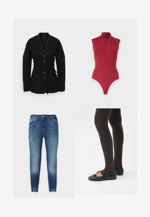Cardigan noir en tissu doux ; avec un décolleté en V profond, des manches larges, six boutons sur le devant et une ceinture assortie.; Body rouge sans manches avec un décolleté en V et des détails froncés aux épaules, conçu pour une silhouette ajustée.; Jean skinny bleu avec effets délavés, poches avant, passants de ceinture, fermeture à bouton et ourlets usés.; Jambes portant des leggings côtelés foncés associés à des ballerines noires avec de petits détails en nœud sur fond blanc.