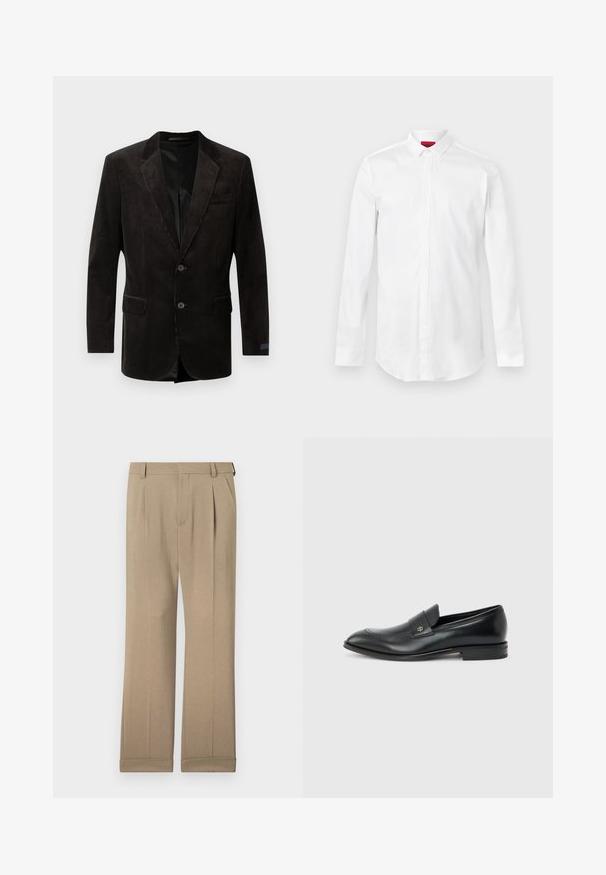 Blazer en velours côtelé noir avec un col cranté, deux poches avant, fermeture à deux boutons, tissu texturé et doublure intérieure contrastante.; Chemise blanche à manches longues avec col pointu et patte de boutonnage cachée, présentée sur un fond clair uni.; Pantalon beige en tissu léger, avec une coupe droite, des plis doubles et des ourlets roulés pour un ajustement décontracté.; Mocassin pour hommes en cuir noir avec talon bas, bout arrondi et petit logo métallique sur la bride, présenté en profil latéral sur un fond uni.