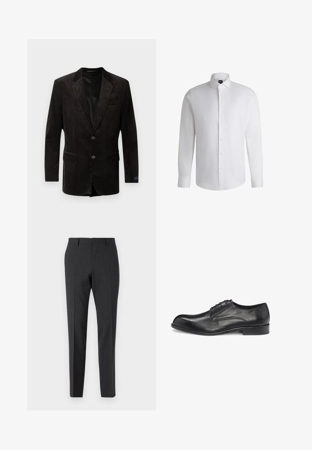 Sort fløjl blazer med notch lapel, to frontlommer, to-knaps lukning, struktureret stof og kontrastfyldning indvendigt.; Hvid langærmet skjorte lavet af glat bomuld, med klassisk krave, fuld knaplukning og knapmanchetter. Minimalistisk design.; Mørkegrå skræddersyede bukser med en glat tekstur, slim fit, flad front og bæltestropper, designet til formelt eller forretningsmæssigt tøj.; Sort lædersko med snørebånd, glat finish, rundet tå, minimal syning og en flad gummisål. Siden har brandlogo.