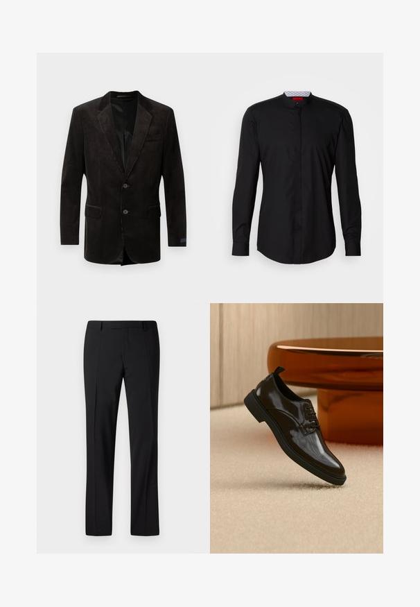 Blazer en velours côtelé noir avec un col cranté, deux poches avant, fermeture à deux boutons, tissu texturé et doublure intérieure contrastante.; Chemise noire à manches longues avec col mandarin, confectionnée dans un tissu lisse, dotée d'une patte de boutonnage à l'avant et de détails de design subtils.; Pantalons noirs ajustés avec une coupe droite, présentant une texture lisse, un devant plissé et une taille classique pour un look formel.; Chaussure habillée noire brillante en cuir à lacets flottant au-dessus d'un tapis beige avec une table ronde marron brillante en arrière-plan.
