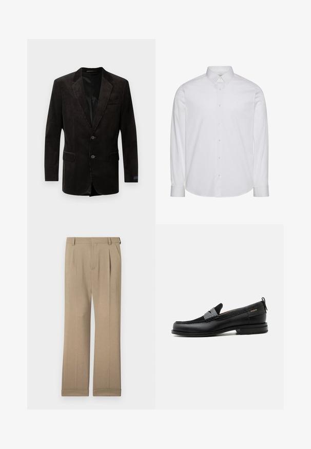 Sort fløjl blazer med notch lapel, to frontlommer, to-knaps lukning, struktureret stof og kontrastfyldning indvendigt.; Hvid langærmet skjorte med knapper lavet af bomuld. Har en standardkrave, frontplade med knapper og afrundet kant. Diskret mærkelogo.; Beige bukser lavet af letvægtigt stof, med et lige ben-design, dobbelte folder og opfoldede kanter for en afslappet pasform.; Sort læderloafer med grå remdetalje, lav hæl og tekstureret sål, mærket med "HUGO" i guld på siden.