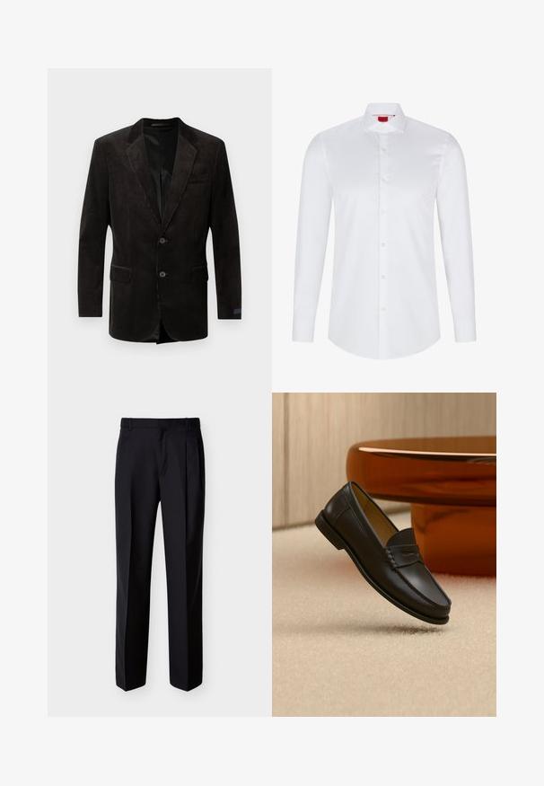 Sort fløjl blazer med notch lapel, to frontlommer, to-knaps lukning, struktureret stof og kontrastfyldning indvendigt.; Hvid langærmet skjorte med knaplukning lavet af glat bomuld. Har en klassisk krave, fuld knaplukning og afrundet nederkant.; Sorte skræddersyede bukser med lige snit, foldet forstykke og sidelommer. Fremstillet af et glat, let stof med et ensartet mønster.; Sort læder loafer-sko hængende over beige tæppe med ravfarvet moderne møblement i baggrunden.