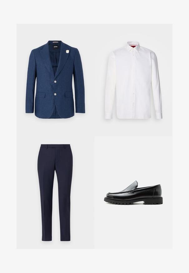 Blazer en lin bleu marine avec un revers cranté, deux poches avant, trois boutons et une épingle décorative en forme de fleur blanche sur le revers gauche.; Chemise blanche à manches longues en coton, avec un col classique, une patte de boutonnage à l'avant et une texture lisse. Détail rouge à l'intérieur du col.; Pantalons sur mesure bleu marine au design épuré, à l'avant plat, aux jambes étroites et sans matériel ou motifs visibles. Tissu au texture lisse.; Mocassin en cuir noir avec semelle en caoutchouc épaisse, dessus cousu et nom de marque embossé sur le talon, présenté de profil sur fond blanc.