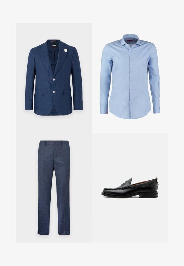 Marineblauer Leinenblazer mit Reverskragen, zwei Fronttaschen, drei Knöpfen und einer dekorativen weißen Blumenstecknadel am linken Revers.; Himmelblaues Langarmhemd aus glattem Stoff, mit klassischem Kragen, durchgehender Knopfleiste und abgerundetem Saum. Fünf sichtbare Knöpfe.; Herren gerade geschnittene marineblaue Anzughose mit Gürtelschlaufen, Bügelfalte vorne und einem dezenten strukturierten Stoffmuster.; Schwarzer Leder-Herrenschuh mit Mokassinnaht, Penny-Riemen, strukturiertem Kragen und niedrigem gestapeltem Absatz auf weißem Hintergrund.