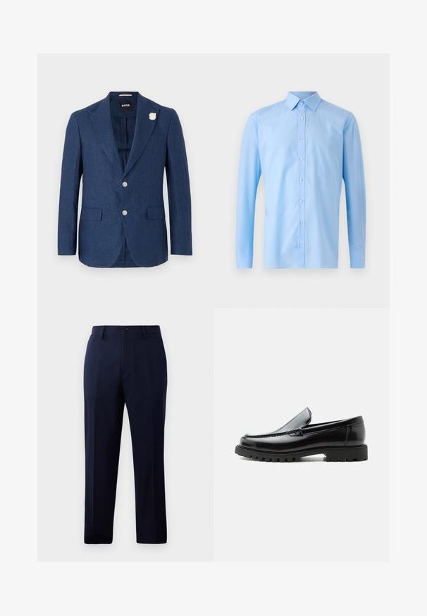 Marineblauer Leinenblazer mit Reverskragen, zwei Fronttaschen, drei Knöpfen und einer dekorativen weißen Blumenstecknadel am linken Revers.; Himmelblaues Langarmhemd aus Baumwolle. Verfügt über einen klassischen Kragen und eine Knopfleiste vorne. Glatte Textur mit tailliertem Schnitt.; Marineblaue Hose aus glattem Stoff, mit klassischem geradem Bein, vorderen Taschen und einem Knopfverschluss in der Taille.; Schwarzer Lederloafer mit grober Gummisohle, genähter Oberseite und geprägtem Markennamen an der Ferse, seitlich auf weißem Hintergrund gezeigt.