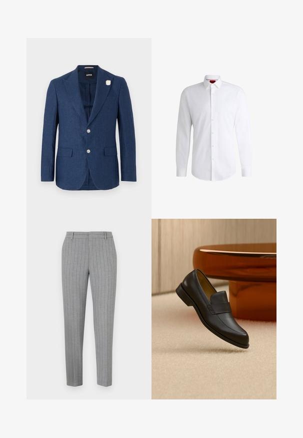 Námornícky ľanový blazer s vykrojeným golierom, dvoma prednými vreckami, tromi gombíkmi a dekoračnou bielou kvetinovou brošňou na ľavom golieri.; Biela košeľa na gombíky vyrobená z hladkej látky s klasickým golierom, dlhými rukávmi a zaobleným lemom. Má béžové gombíky na prednej strane.; Sivé nohavice s jemnými pásikmi, s priliehavým strihom, s rovným predným dielom a bočnými vreckami. Vyrobené z hladkej látky s jemným leskom.; Čierny kožený mokasín s nízkym podpätkom vznášajúci sa nad béžovým kobercom pri okrúhlom hnedom stole.
