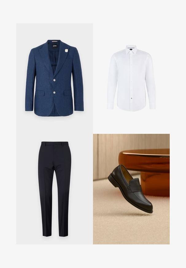 Marineblauwe linnen blazer met een notch lapel, twee voorzakken, drie knopen en een decoratieve witte bloemenpin op de linkerschouder.; Witte lange mouwen overhemd gemaakt van gladde stof met een knoopsluiting aan de voorkant, puntige kraag en gebogen zoom. Opvallende merkknopaccenten.; Marineblauwe op maat gemaakte broek, met platte voorkant, slim fit, voorzien van riemlussen en zijzakken. Gladde stof met een frisse afwerking, zonder zichtbare patronen of accenten.; Zwarte leren loafer met lage hak zwevend boven een beige tapijt dichtbij een ronde bruine tafel.