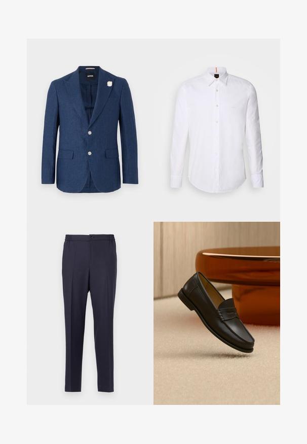 Marineblauer Leinenblazer mit Reverskragen, zwei Fronttaschen, drei Knöpfen und einer dekorativen weißen Blumenstecknadel am linken Revers.; Weiße langärmlige Button-Down-Hemd aus Baumwolle, mit klassischem Kragen, subtiler Logo-Detailierung auf der Brust und weißen Knöpfen.; Navyblaue Hose mit flacher Front, elastischem Bund und Knopfverschluss. Gerader Schnitt und glatte Textur, geeignet für formelle oder legere Anlässe.; Schwarzer Leder-Loafer, der über einem hellbeigen Teppich schwebt, mit bernsteinfarbenen modernen Möbeln im Hintergrund.