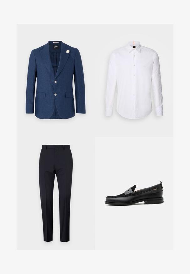 Námornícky ľanový blazer s vykrojeným golierom, dvoma prednými vreckami, tromi gombíkmi a dekoračnou bielou kvetinovou brošňou na ľavom golieri.; Biela košeľa s dlhým rukávom a gombíkami vyrobená z bavlny, s klasickým golierom, diskrétnym logom pri hrudi a bielymi gombíkmi.; Námornícke prispôsobené nohavice, rovný predný diel, úzky strih, s pútkami na opasok a bočnými vreckami. Hladká tkanina s ostrým povrchom, bez viditeľných vzorov alebo akcentov.; Čierny kožený mokasín so sivým remienkom, nízkym podpätkom a textúrovanou podrážkou, so značkou "HUGO" v zlatej farbe na boku.