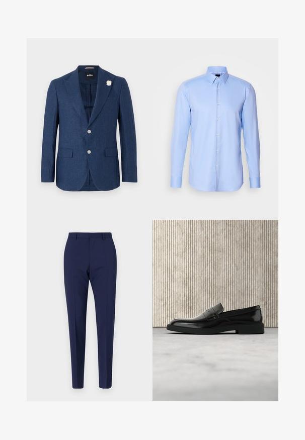 Marineblauer Leinenblazer mit Reverskragen, zwei Fronttaschen, drei Knöpfen und einer dekorativen weißen Blumenstecknadel am linken Revers.; Himmelblaues langärmliges Hemd mit Knopfleiste, aus strukturiertem Stoff, mit spitzem Kragen und klassischem Knopfverschluss auf der Vorderseite.; Marineblau maßgeschneiderte Hose mit schlanker Passform, die eine glatte Textur, einen flachen Vorderteil und gepolsterte Beine aufweist. Keine sichtbaren Taschen oder Verzierungen.; Schwarzer, polierter Lederloafer, der über einem beigen Teppich schwebt, mit orangener, durchscheinender Möbel im Hintergrund.