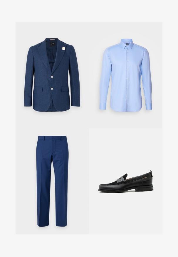 Námornícky ľanový blazer s vykrojeným golierom, dvoma prednými vreckami, tromi gombíkmi a dekoračnou bielou kvetinovou brošňou na ľavom golieri.; Svetlomodrá dlhá rukávová košeľa na gombíky z textúrovaného materiálu s špicatým golierom a klasickým gombíkovým zapínaním na prednej strane.; Námornícke modré nohavice so strihom rovného nohavca, s plochým predným dielom, jemnou textúrou, pútkami na opasok a zapínaním na zips.; Čierny kožený mokasín so sivým remienkom, nízkym podpätkom a textúrovanou podrážkou, so značkou "HUGO" v zlatej farbe na boku.