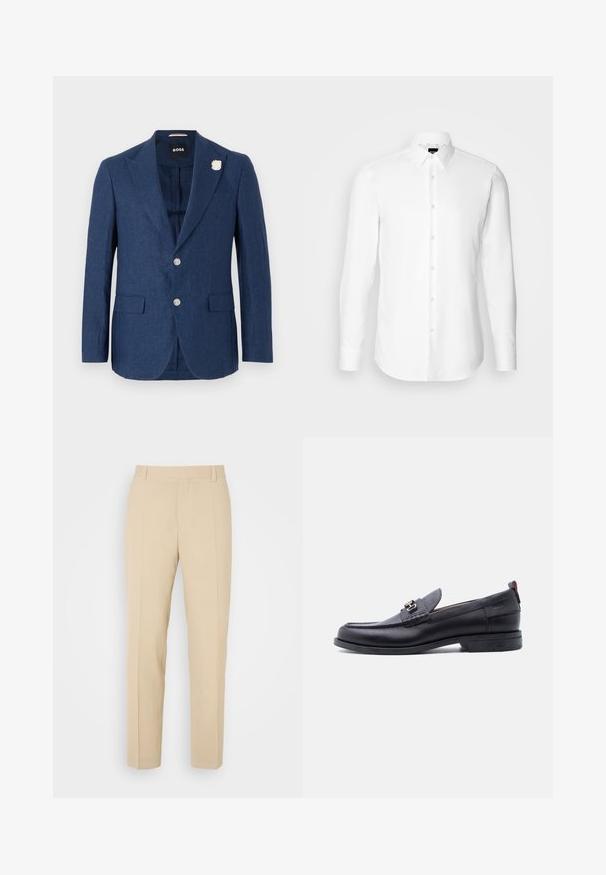 Marineblauwe linnen blazer met een notch lapel, twee voorzakken, drie knopen en een decoratieve witte bloemenpin op de linkerschouder.; Witte blouse met lange mouwen, knoopsluiting aan de voorkant, klassieke kraag, gemaakt van gladde stof met een subtiele textuur, ontworpen voor een aansluitende pasvorm.; Beige op maat gemaakte broek met een recht gesneden ontwerp, gemaakt van lichtgewicht stof, met twee voorzakken en nette, geplooide vouwen.; Zwarte leren loafer met grijze, gestructureerde vamp, zilveren metalen gesp, lage hak en trekkoord aan de achterkant.