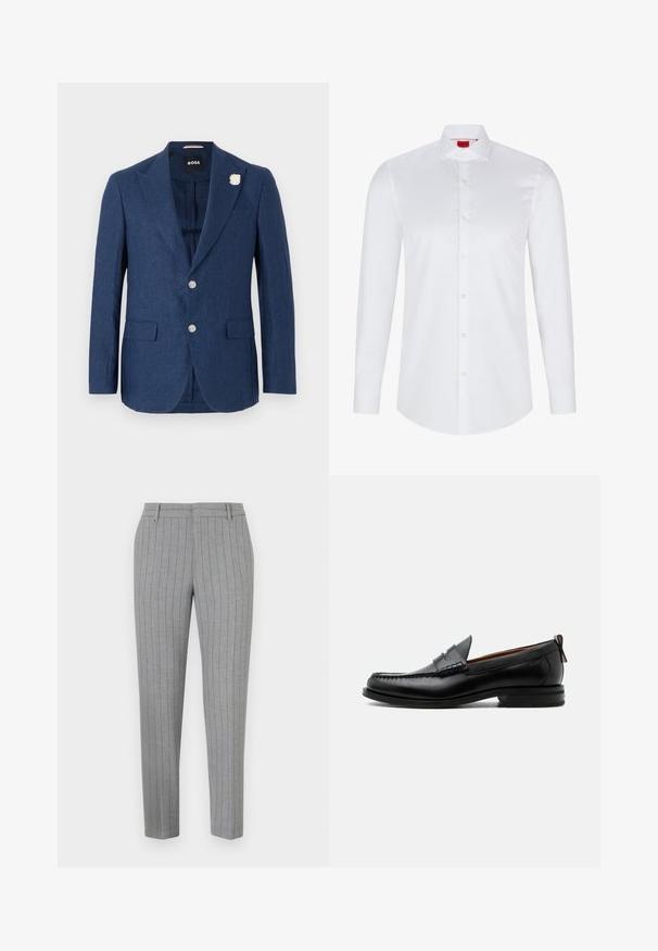 Marineblauer Leinenblazer mit Reverskragen, zwei Fronttaschen, drei Knöpfen und einer dekorativen weißen Blumenstecknadel am linken Revers.; Weißes langärmliges Hemd mit Knopfleiste, hergestellt aus glattem Baumwollstoff. Verfügt über einen klassischen Kragen, eine durchgehende Knopfleiste und einen abgerundeten Saum.; Graue Nadelstreifenhose mit tailliertem Schnitt, flacher Front und Seitentaschen. Hergestellt aus einem glatten Stoff mit einem dezenten Glanz.; Schwarzer Leder-Herrenschuh mit Mokassinnaht, Penny-Riemen, strukturiertem Kragen und niedrigem gestapeltem Absatz auf weißem Hintergrund.