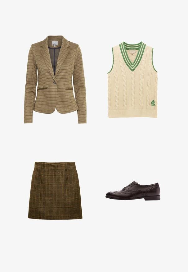 Gekruist blazer in bruin en marineblauw tinten, met een getailleerde pasvorm, notch revers, twee voorzakken en een enkele knoopsluiting.; Crèmekleurig kabelgebreid mouwloos vest met groen gestreepte V-hals en groen geborduurd logo vlak bij de zoom.; Bruine geruite wollen rok met riemlussen, een rechte snit en subtiele plooien aan de voorkant, ontworpen om tot over de knie te dragen.; Bruine leren schoenen met brogue-details, vetersluiting, ronde neus en een lage gestapelde hak. Gepolijste afwerking en ingewikkelde perforaties.
