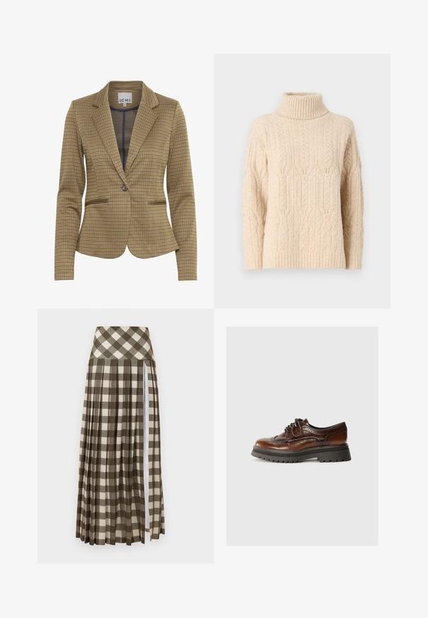 Gekruist blazer in bruin en marineblauw tinten, met een getailleerde pasvorm, notch revers, twee voorzakken en een enkele knoopsluiting.; JDY JDYELBA LIFE ROLL NECK - Trui - sandshell; Lange, geplooide rok met een bruin en beige geruit patroon. Hoge taille ontwerp met een zijsplits en een zachte stofstructuur.; Bruine leren veterschoen met brogue-details, rubberen zool en contrasterend zwart gestructureerd plateau. Gladde afwerking met een klassiek ontwerp.