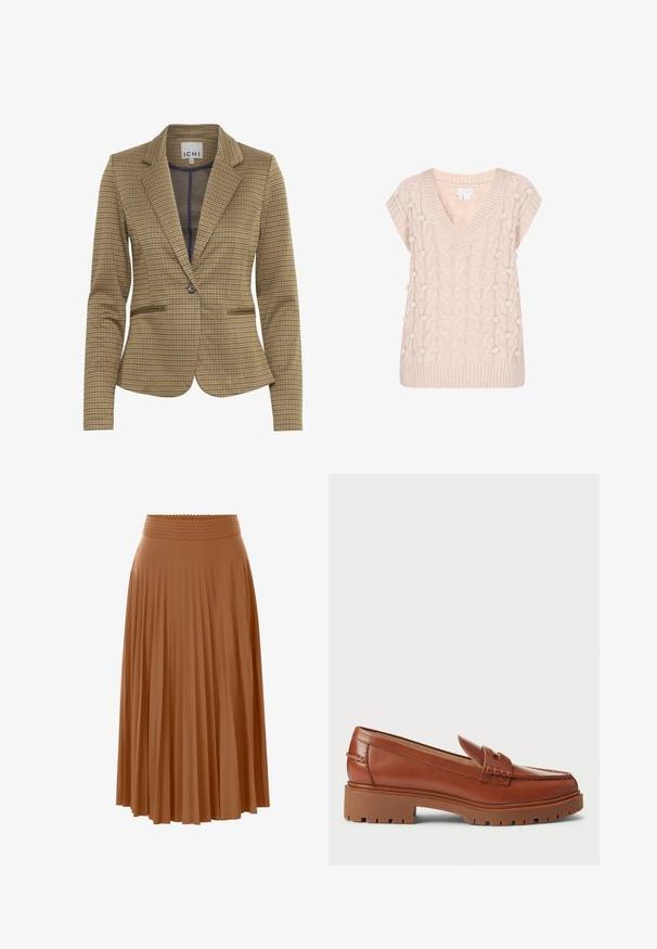Rutet blazer i brun og marineblå nuancer, med en skræddersyet pasform, klippede lapeller, to forlommer og en enkelt knaplukning.; Strikvest i lys beige med V-hals og korte ærmer. Har et kabelstrik mønster og pompon-detaljer på siderne.; Brun plisseret midi-nederdel med bred, tekstureret elastik i taljen, flydende stof og en let A-formet silhuet.; Brune læder loafers med en moccasin-foddesign, synlig syning og en kraftig, tekstureret gummisål. Hardware i guldfarve som accent.