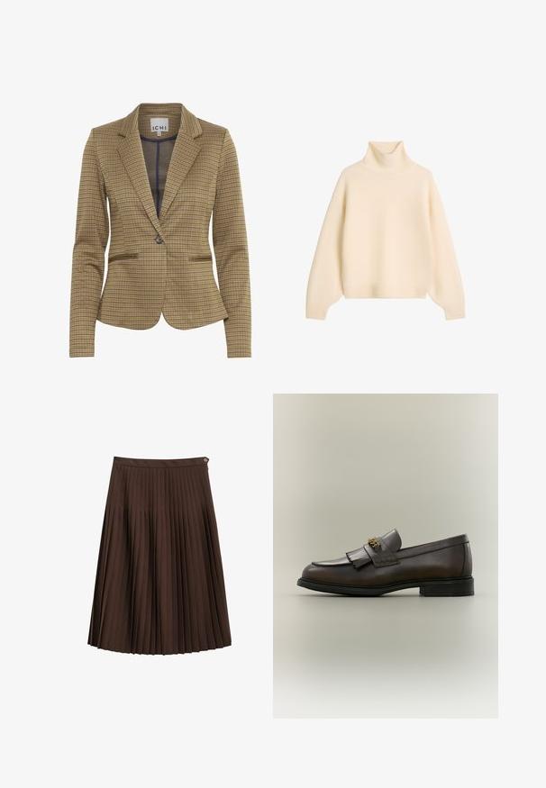 Blazer à carreaux dans des teintes marron et marine, présentant une coupe ajustée, des revers crantés, deux poches avant et une fermeture à un bouton.; Pull à col roulé de couleur crème en tissu tricoté côtelé. Il présente des manches longues légèrement bouffantes et une coupe décontractée.; Jupe plissée marron foncé, longueur genou, avec une ceinture et un petit bouton en métal sur le côté, sur fond blanc.; Mocassin en cuir marron foncé avec détail à franges et boucle dorée sur semelle noire, vu de côté sur un fond neutre.